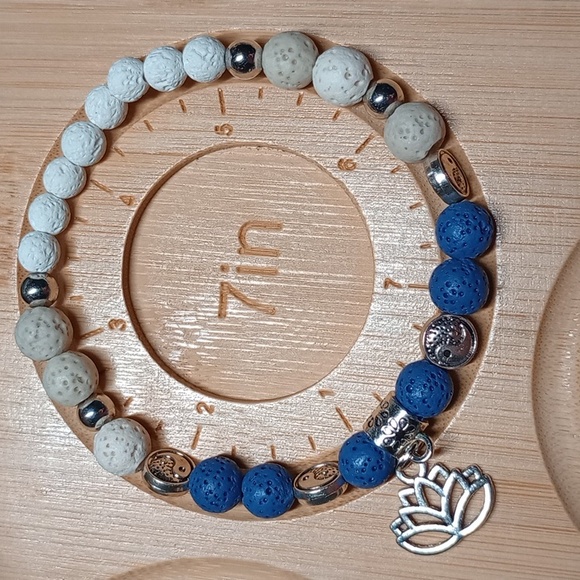 Lotus Flower Charm And Lava Stone Beaded Bracelet - Blue and White - Picture 5 of 5